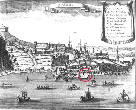 A c. AD 1695 view of Quebec City, with a red oval indicating Charles ...