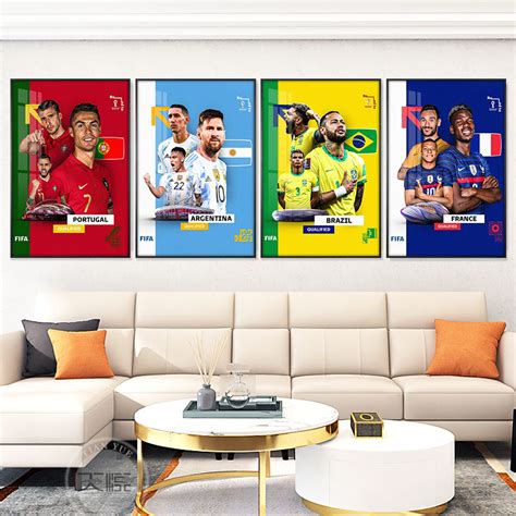 卡塔尔世界杯挂画足球明星国家队梅西C罗酒吧装饰画彩票店墙壁画-淘宝网