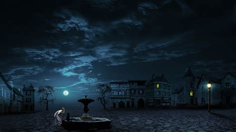 Картинки ночь, луна, девушка, фонтан, улица - обои 2560x1440, картинка ...