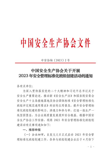 中国安全生产协会关于开展 2023年安全管理标准化班组创建活动的通知_通知公告_重庆市安全生产协会
