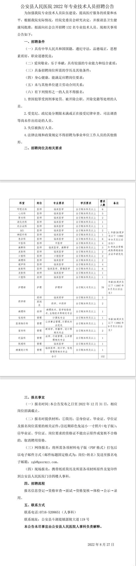 湖北省荆州市公安县人民医院2022年招聘专业技术人员132名