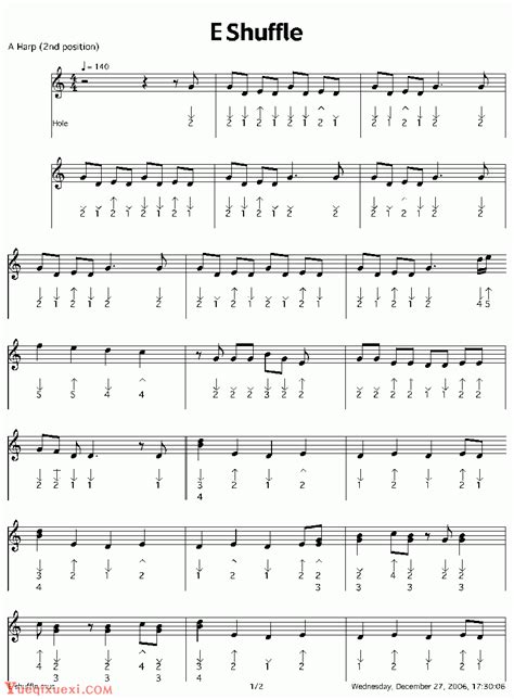 口琴五线谱【e shuffle】A调口琴第二把位-口琴曲谱 - 乐器学习网