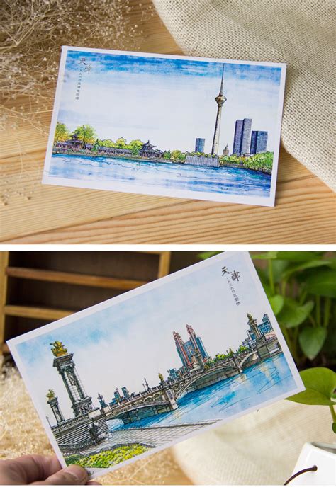 天津城市手绘明信片贺卡 旅游风景风光特色创意明信片 旅游纪念品-阿里巴巴