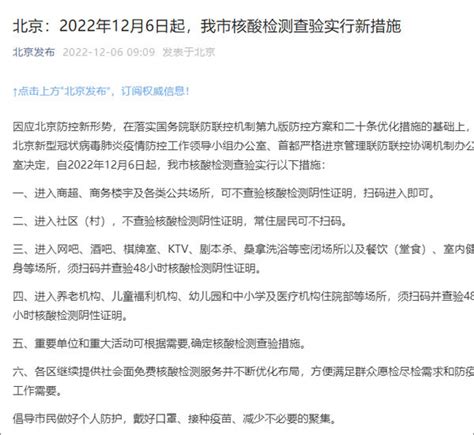 北京：12月6日起，进入商超等各类公共场所，可不查验核酸检测阴性证明