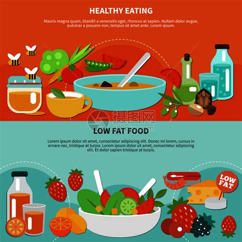 两个健康的饮食平横幅饮料食物由蔬菜水果矢量插图健康饮食平板横幅套插画图片下载-正版图片300910028-摄图网