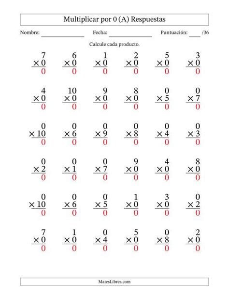 Multiplicar (Factores de 1 a 10) por 0 (36 Preguntas) (A)