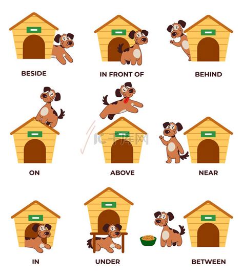 英语介词与可爱的动物。卡通狗在后面，上面，附近和下面的狗房子，碗。学习单词儿童教育向量集素材图片免费下载-千库网