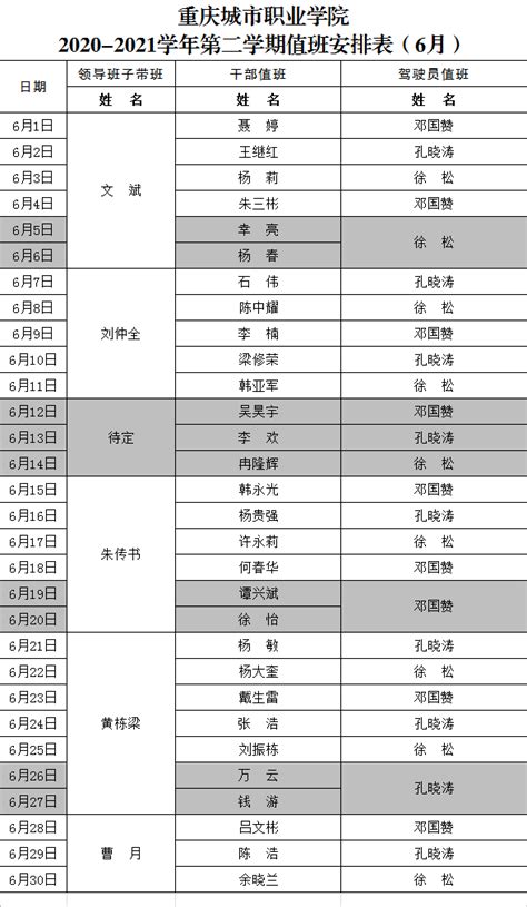 重庆城市职业学院 2020-2021学年第二学期值班安排表（6月）_通知公告