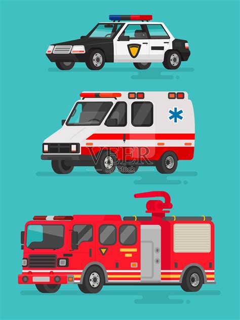 一组应急车辆警车，救护车和消防车插画图片素材_ID:310758455-Veer图库