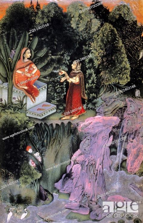 Radha and confidante in the forest. Rajput miniature painting circa ...