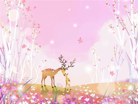 粉色风景与小鹿绘画PSD素材 - 爱图网设计图片素材下载