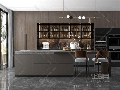 现代轻奢厨房吧台中岛橱柜3d模型下载_模型ID:37926-让提网