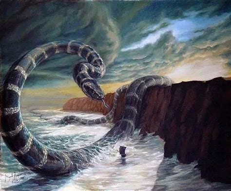 北欧神话——衔尾蛇约尔曼冈德（Jormungand），盘据世界的大蛇。火神洛基的三个孩子之一—如此巨大的魔法师，以致可以环围世界和把尾巴放进 ...