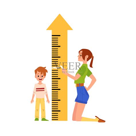 母亲用尺子米测量儿子的身高，平矢量插图孤立。设计元素图片_ID:354267130-Veer图库