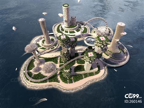 未来 科幻 城市 海岛 岛屿 海滨 建筑 摩天大楼 鸟瞰 科技 数字 交通网络 绿化 绿色 商业中心-cg模型免费下载-CG99