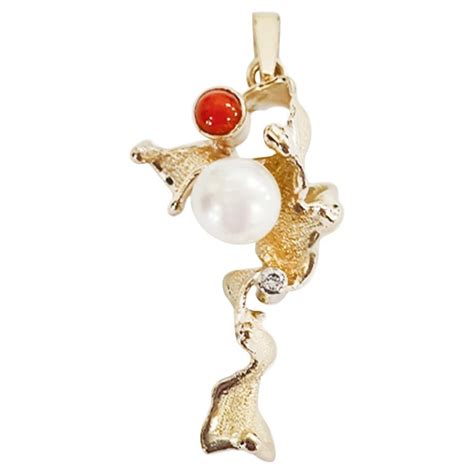 Paul Amey 9k Gold, Diamond, Pearl and Natural Red Coral Pendant For ...