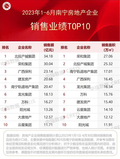 2023上半年广西&南宁房地产企业销售业绩TOP10|南宁|销售面积|成交面积_新浪新闻