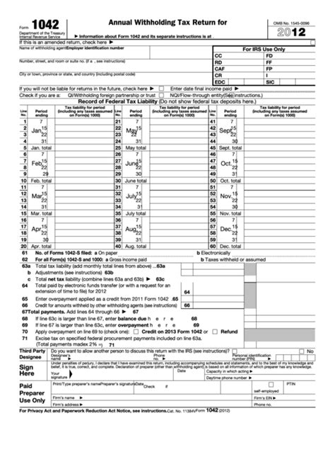 Fillable Form 1042 - Annual Withholding Tax Return For U.s. Source ...