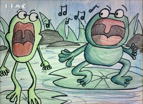 荷塘里唱歌比赛的青蛙蜡笔画作品图片_小小画家