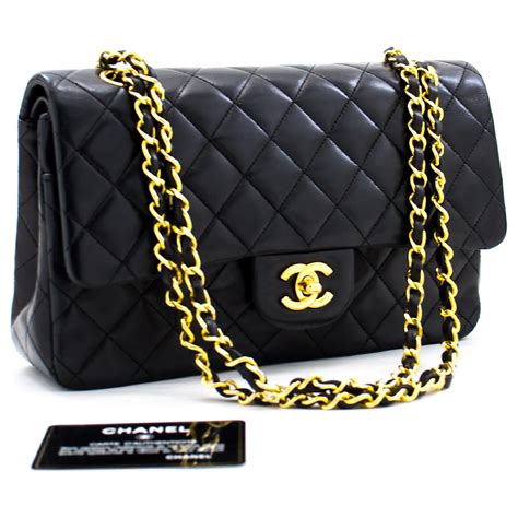 Chanel 2.55 lined flap 10" Chain Shoulder Bag Black Lambskin Leather ...