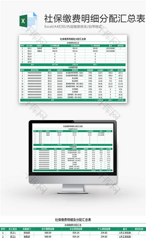 社保缴费明细及分配汇总表Excel模板_千库网(excelID：140915)