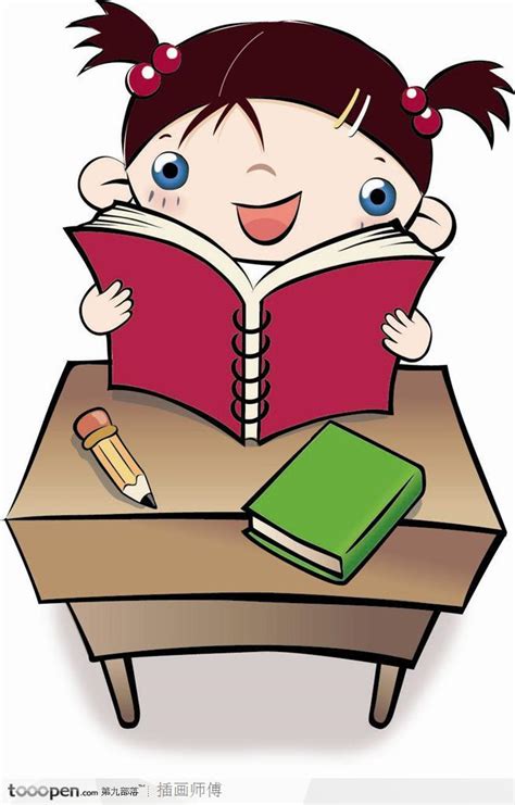 可爱儿童插画-课桌上读书的女孩 - 素材公社 tooopen.com