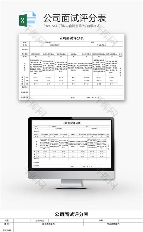 公司企业面试评分表Excel模板_千库网(excelID：132340)