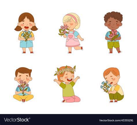 Preschool kids holding spring flowers and smelling