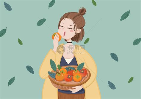 文艺清新吃柿子的女孩插画图片下载-正版图片400068349-摄图网