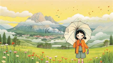 春天春季人物打伞下雨雨水谷雨田园插画图片-千库网