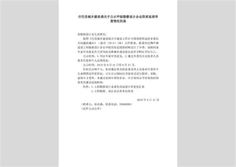 TJ-GSQYSCQK-2019：市住房城乡建设委关于公示甲级勘察设计企业资质延续审查情况的函