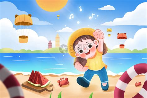 夏季沙滩海边小女孩游玩插画插画图片下载-正版图片401954160-摄图网