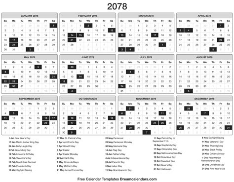 2078 Yearly Calendar Templates with Monday Start