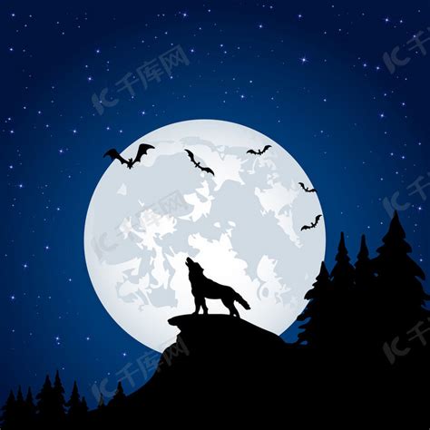 狼在森林里对着月亮嚎叫插画图片下载-正版图片600105360-摄图网