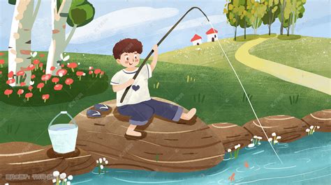 六一儿童节90年代夏天童年河流玩耍摸鱼天空草地背景六一插画图片-千库网