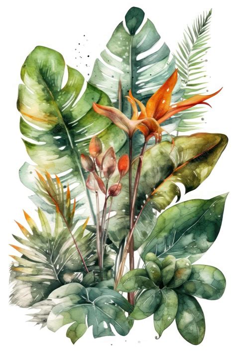 Premium Photo | A watercolor painting of tropical plants and flowers.