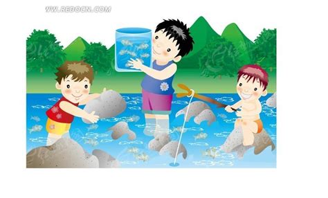 在河里抓鱼的小朋友AI素材免费下载_红动中国