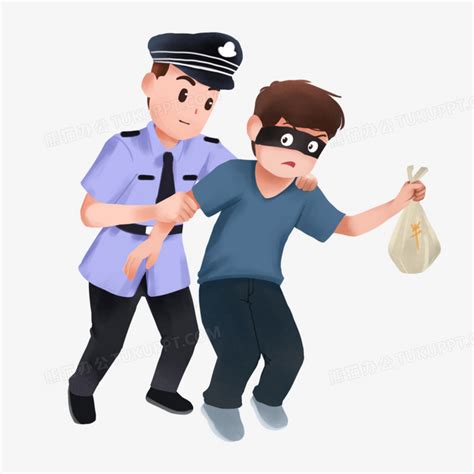 人民警察抓小偷手绘插画元素PNG图片素材下载_手绘PNG_熊猫办公