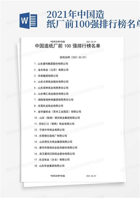 2021年中国造纸厂前100强排行榜名单Word模板下载_编号qejendgp_熊猫办公