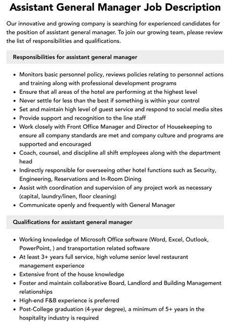 Assistant General Manager Job Description | Velvet Jobs