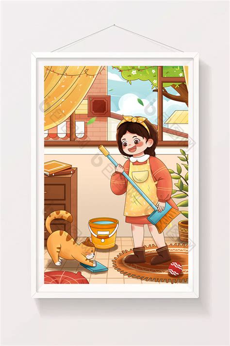 五一劳动节打扫卫生女孩与猫插画图片-包图网