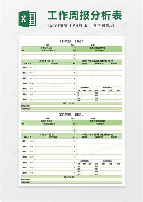 工作周报Excel模板下载_熊猫办公