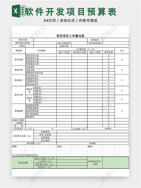 软件开发项目预算表格EXCEL模板-二哈办公