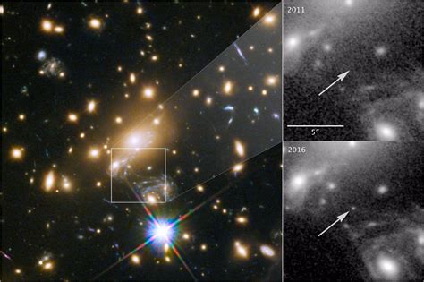 最新通过引力透镜看到90亿光年外巨大星系团中的蓝超巨星 - 知乎