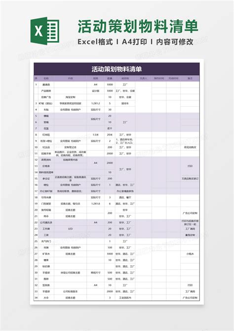 活动策划物料清单Excel模板下载_熊猫办公