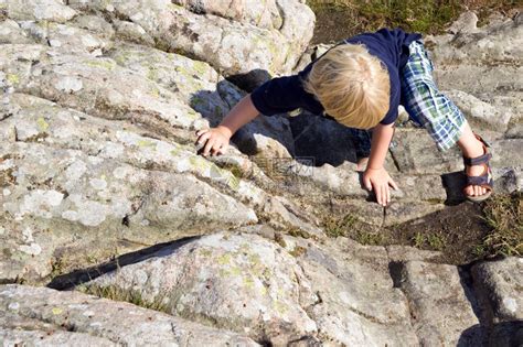 草衬衫小孩用手和脚爬上一块大石头岩高清图片下载-正版图片307589843-摄图网