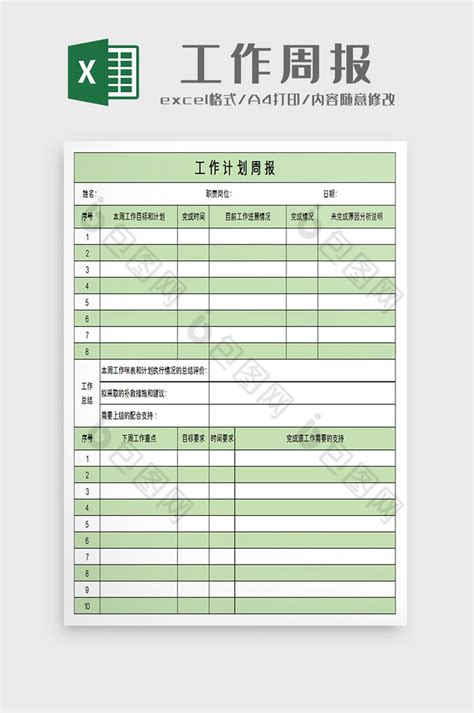 工作周报Excel模板下载_熊猫办公