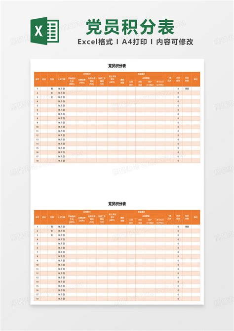 橙色党员积分表格范本Excel模板下载_熊猫办公