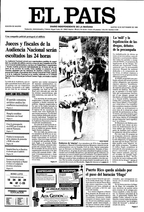 Portada 19 de Septiembre de 1989 - Aniversario EL PAÍS