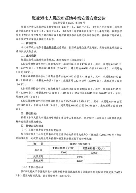 征地补偿安置方案公告（张征补安置[2023]第270号、第271号、第272号、第273号、第274号、第275号、第276号） - 张家港市 ...